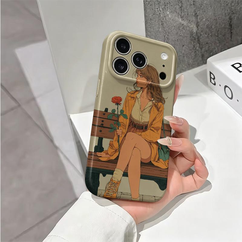Vintage Lady Red Rose Park Bench Graphic Art Film Aesthetic Protective Shockproof Bumper Phone Case For iPhone 14 15 16 Pro Max Plus