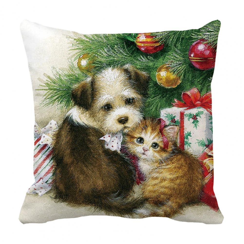 Christmas Gift Decoration Cute Cat Dog Print Cushion Cover Home Living Room Sofa Decoration Square Throw Pillow Cover