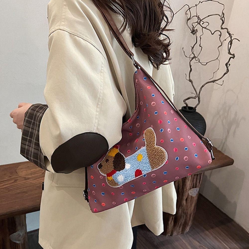 Korean Style Polka Dot Tote Bag Dopamine Cartoon Handbag Puppy Embroidery Shoulder Bag Travel