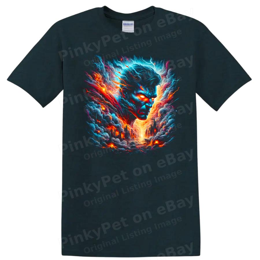 Superman Cosmic Storm T Shirt w/ Electric Sky Fiery City Art Graphic Hero Tee
