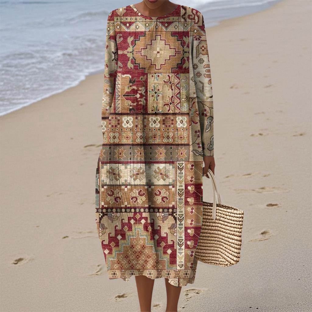 Damen Modisches Lässiges Langärmliges Rundhals Retro Geometrischer Druck Elegantes Kleid