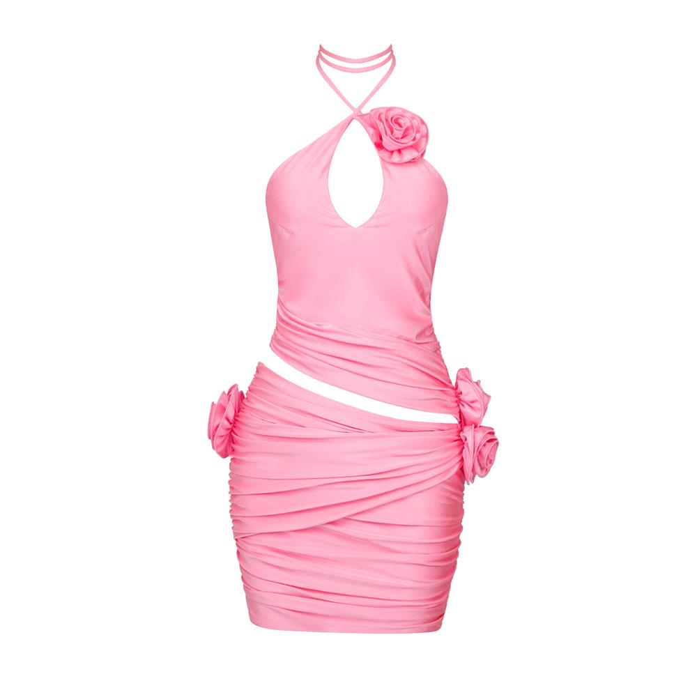 European & American Pink 3D Flower Halter Neck Backless Short Dress - Stylish Christmas Evening Gown Small розовый