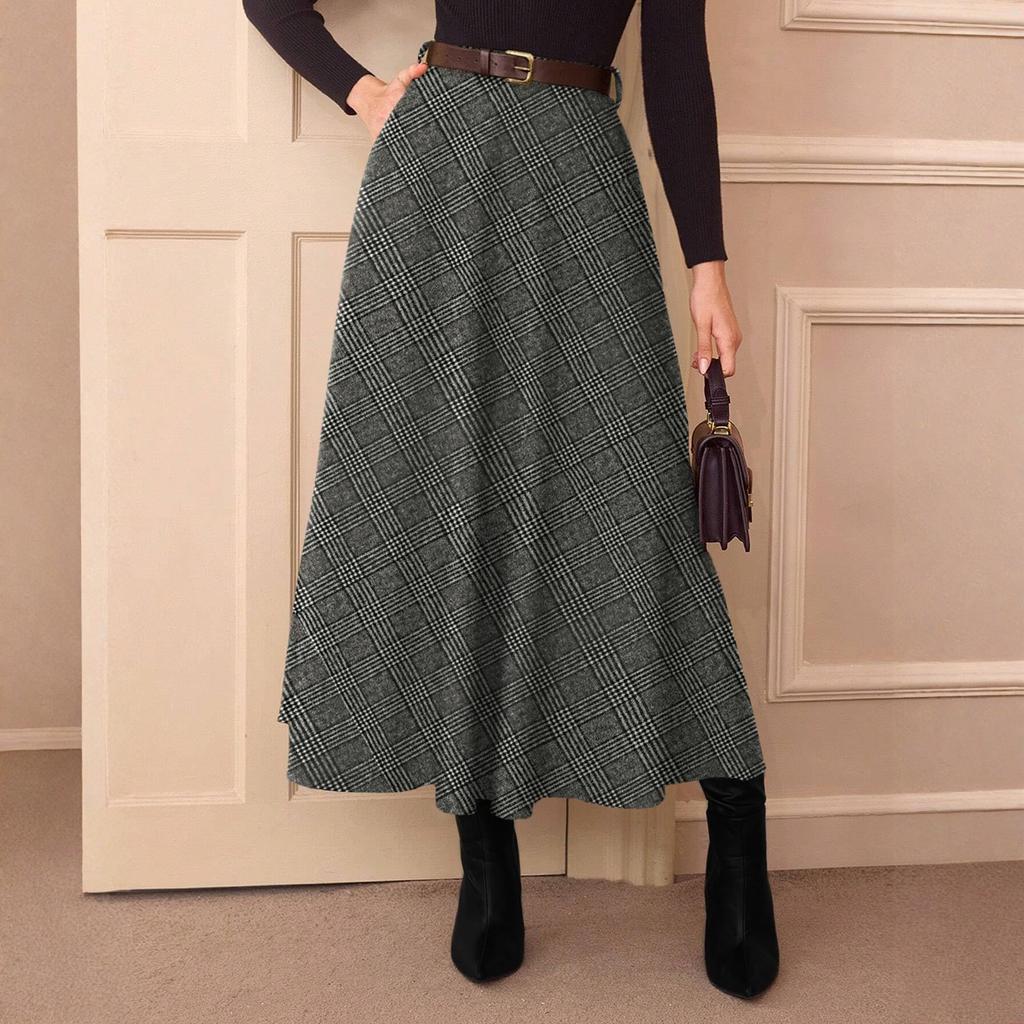 Women Flared Vintage High Waist A Line Tartan Skirts With Pockets Plaid Skirts