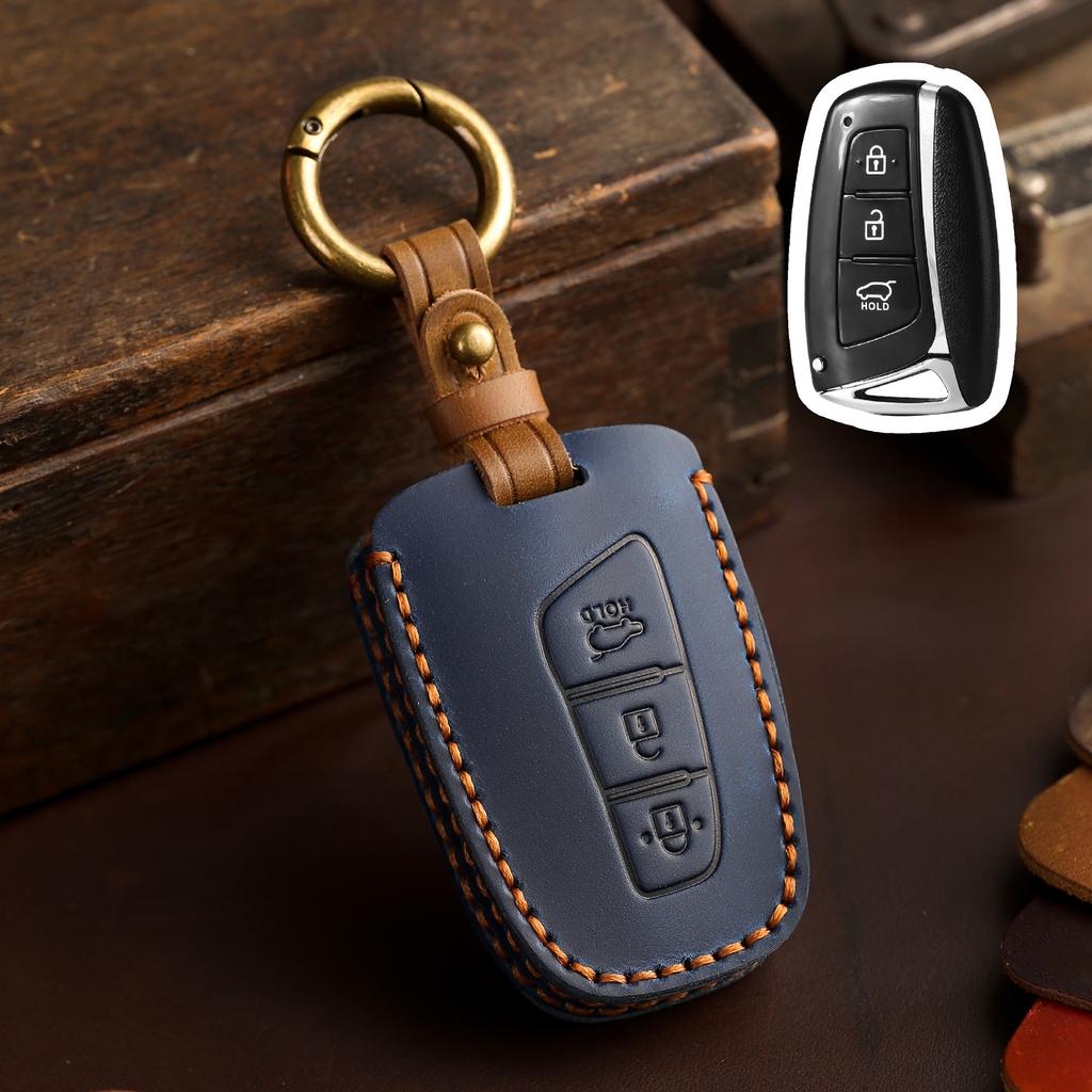 Genuine Leather Auto Key Fob Cover Case Fit For Hyundai Santa Fe Sport Equus Centennial Genesis G80 Grandeur Azera 2013 2014 Ix45