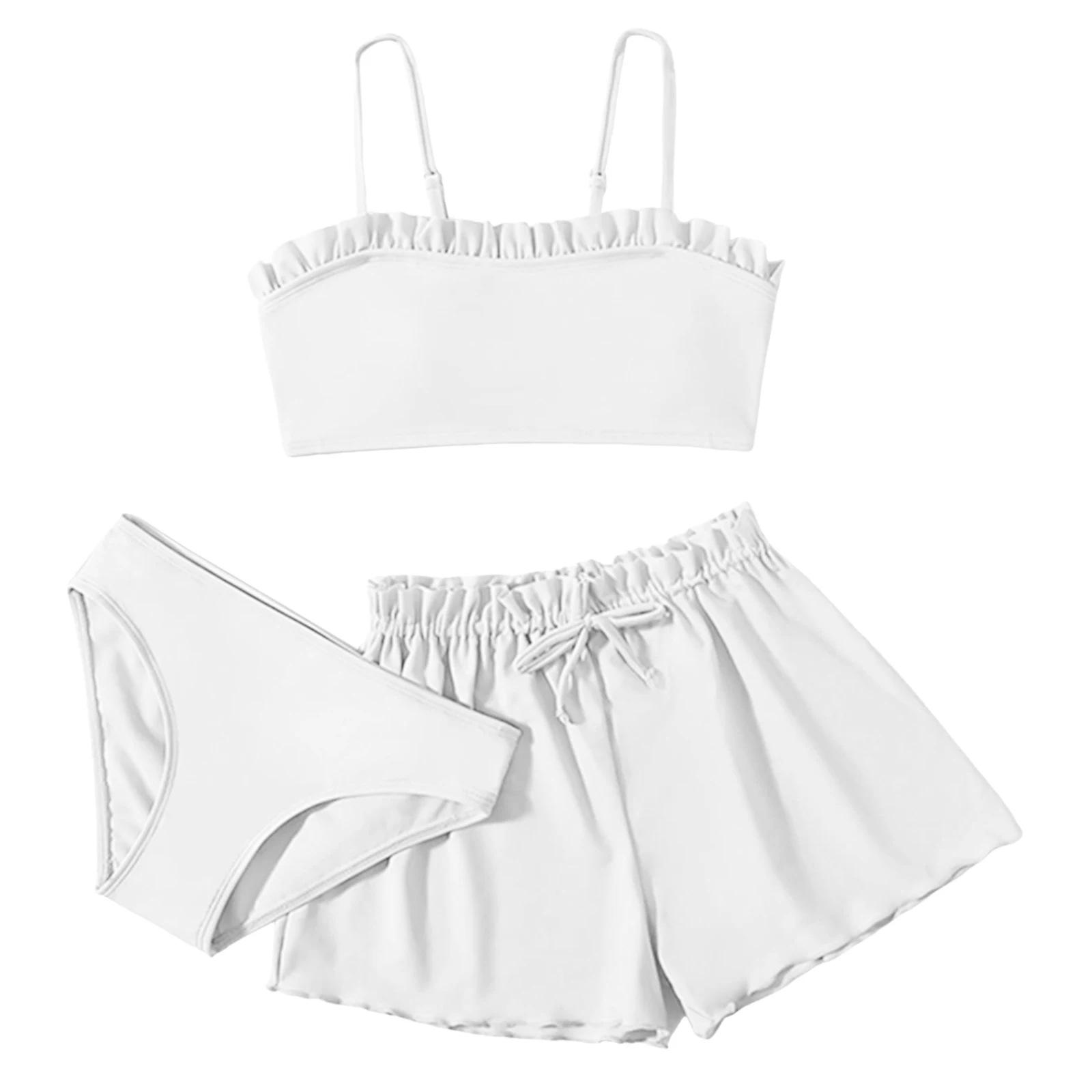 T-fengxinzi 1 Set Effen kleur geplooid badpak voor kinderen, driedelige badpakset voor meisjes 160
