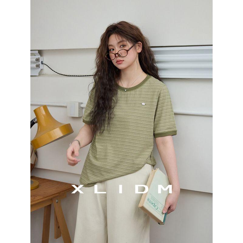 Xiaoli Plus Size Women's Stretch Pure Cotton Comfortable Contrast Color Pinstripe Slim Looking T-shirt Summer round Neck Shoulder Short Sleeve