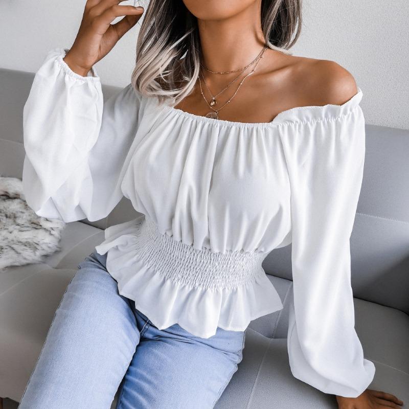 Fashion Elegant Off-shoulder Hem Ruffle Edge Blouse Women Slim Fit Pleated Solid Color Shirt Long Sleeve Casual Simple Short Top Sexy Women's Clothing