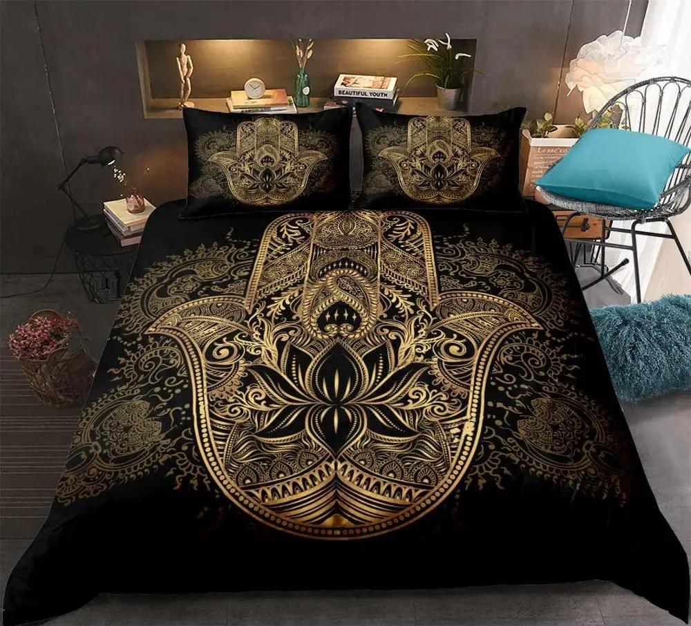 Hamsa Hand King Queen Bedding Set Hand of Fatima Duvet Cover Boho Mandala Black Gold Lucky Hand Polyester Quilt Cover