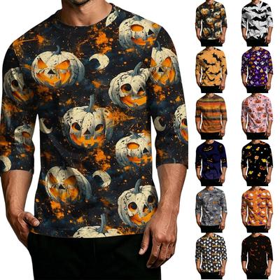 Men's Casual Halloween Printed Raglan Sleeve T-Shirt Crew Neck Three Quarter Sleeve Top Suitable for Everyday Wear and Seasonal Events