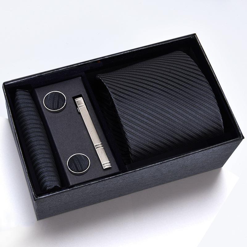 Men's Formal Tie Gift Box: Five-Piece Set with Logo, 8cm Striped Black for Weddings and Business 