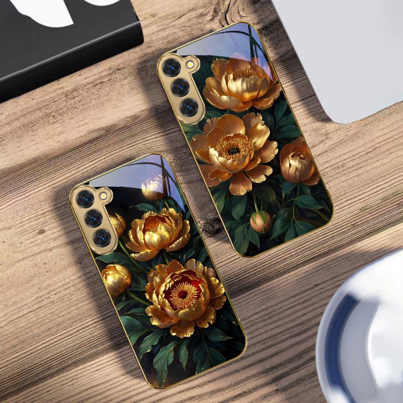 Prosperous Golden Peony For Samsung Galaxy S20 FE S21 S22 S23 Plus S24 Ultra 25Ultra S21+ S9+ S22Plus Golden Glass Phone Case