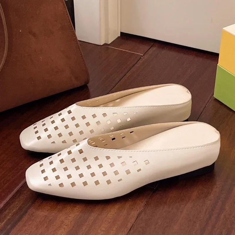 Square Toe Shallow Mouth Air Leakage Hole Soft Sole Non-slip Low Heel Shoes Summer New Baotou Soft Sole Slippers