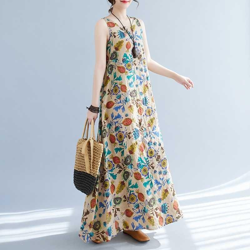 Long Skirt Summer New Sleeveless Round Neck Printed Mid Length Dress