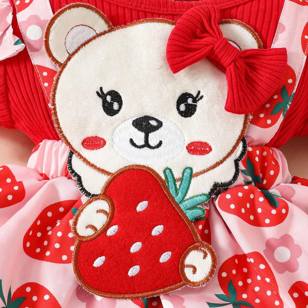2025 Ribbed Strawberry Bear Romper - Triangle Sleeves & Faux Straps