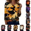Women Casual Halloween Print Round Neck Three Quarter Sleeve T Shirt Top Lightweight Soft Fabric Comfortable Fit