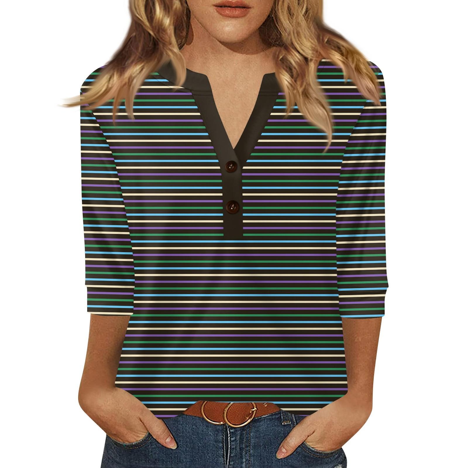 

Жіноча футболка з принтом на ґудзиках з рукавами 3/4, щоденна мода на вихідні, звичайний топ із V-подібним вирізом XXL Темно-синій