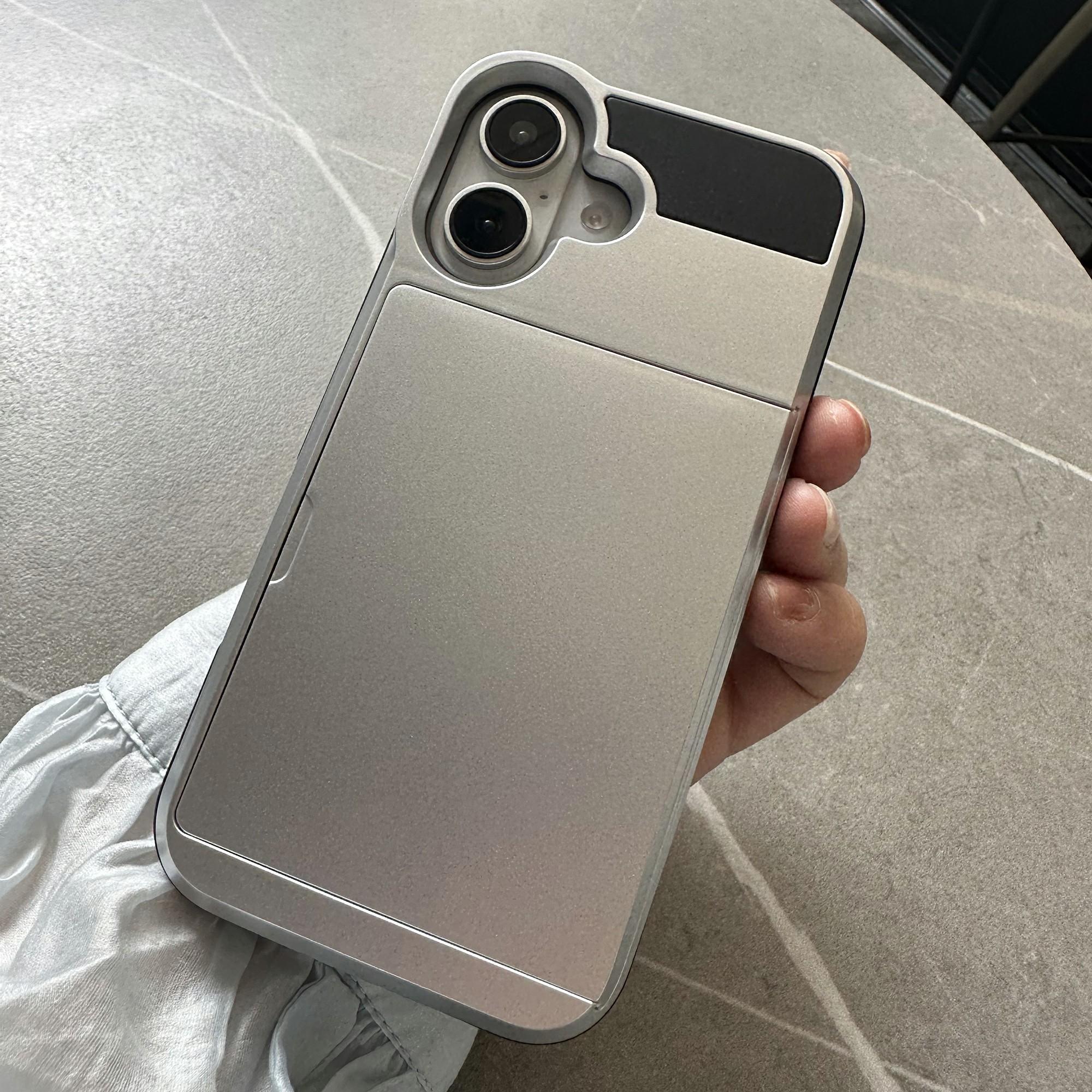 

For iPhone 16 Plus Case with Sliding Card Holder PC+TPU Phone Back Cover Silver