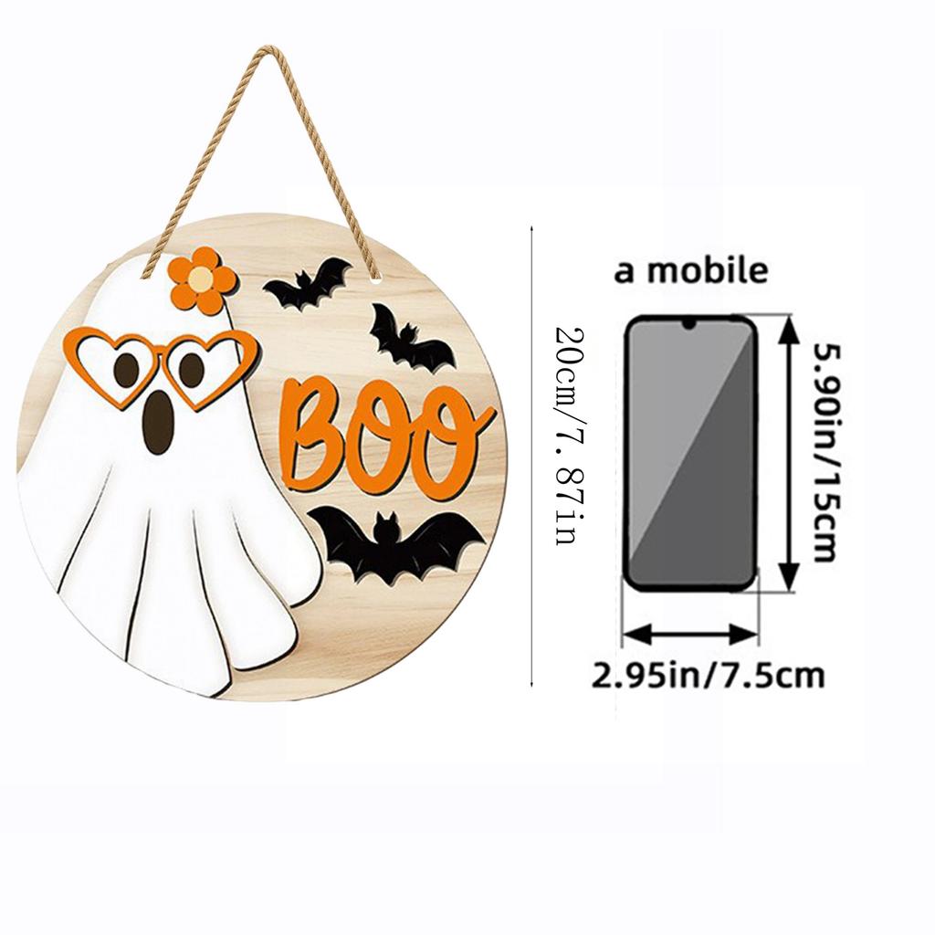 Halloween Wooden Hanging Sign Ghost and Bat Design Round Door Decor with Rope for Seasonal Holiday Decoration Indoor Outdoor Use
