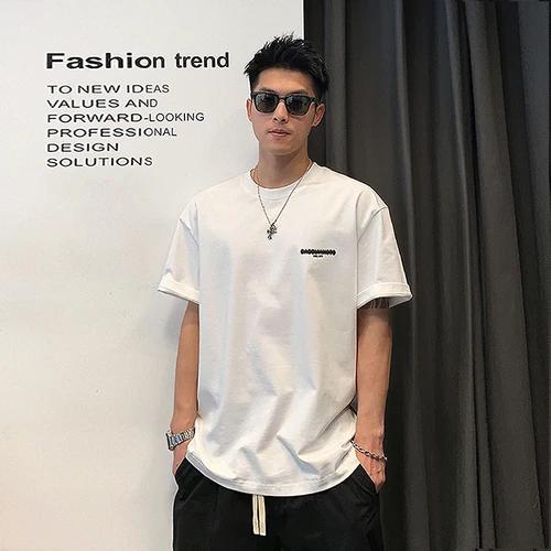 New Front and Back Letter Printed Short Sleeved Men's Summer Trend 100% Pure Cotton High-quality Round Neck Fitness T-shirt