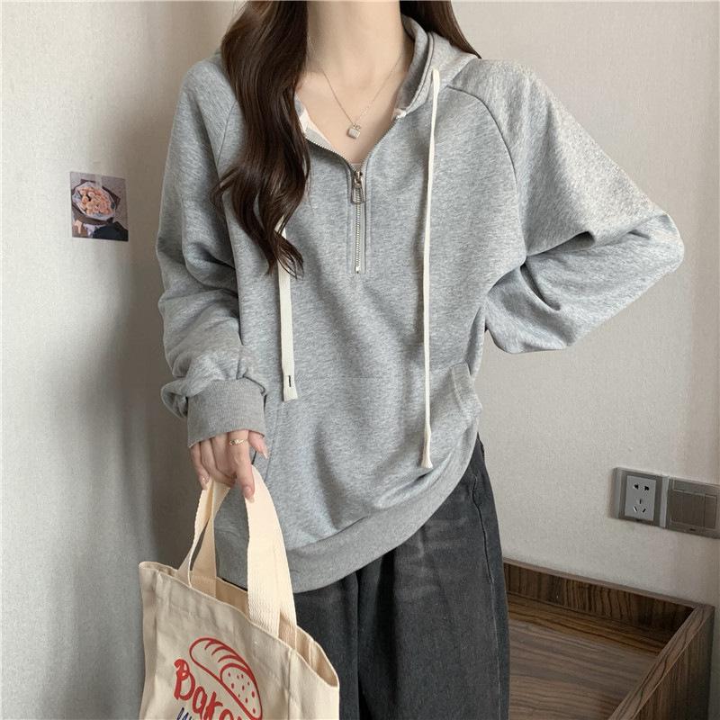 Women's Thin Half-Zip Hooded Sweatshirt - Loose Fit, Long Sleeve, Plus Velvet, Trendy Style for Spring, Autumn, Winter 2023