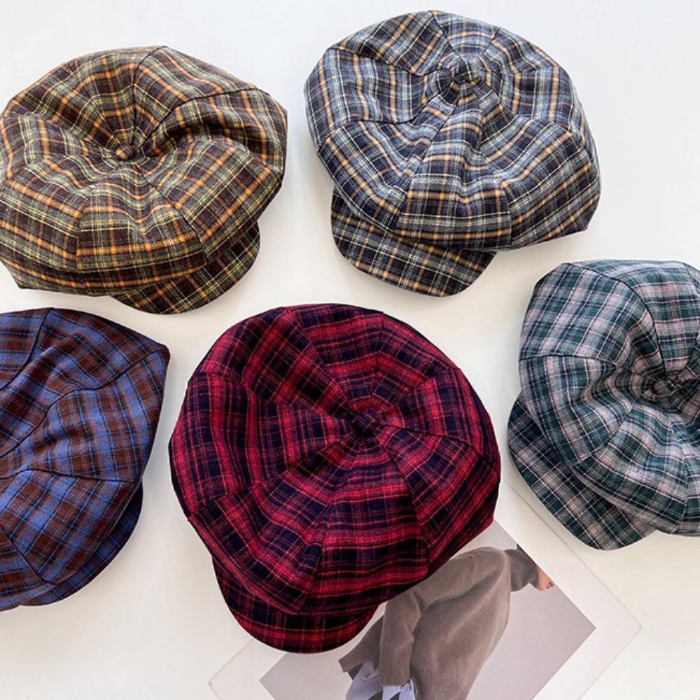 Polyester Plaid Cloud Cap Cotton Women Octagonal Hat Casual Grid Beret Cap  School