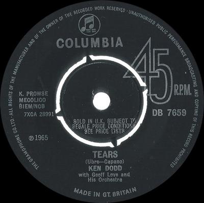 7palcová deska KEN DODD, GEOFF LOVE - Tears DB7659 Columbia 1965 UK Pop Použitá