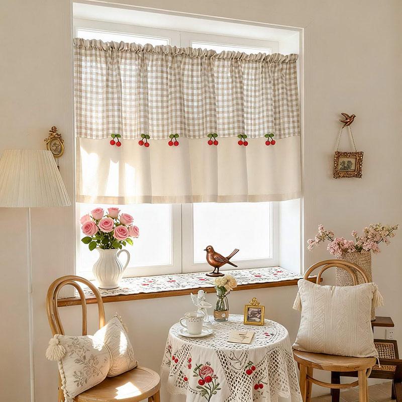 1 STuks Japanse en Koreaanse Klassieke Geruite Cafe Gordijn Rode Kers Decor Half Verduisterend Kort Gordijn Voor Woonkamer Slaapkamer Keuken W100 x H60cm 1Piece&Special Rod Pocket bruin