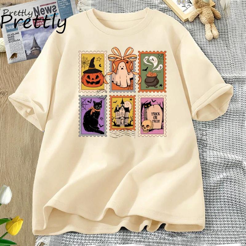Retro Halloween Cat Ghost T Shirt Girly Halloween Fall Spooky Season Tshirt Pumpkin Spooky Mama Tshirt Casual Short Sleeve