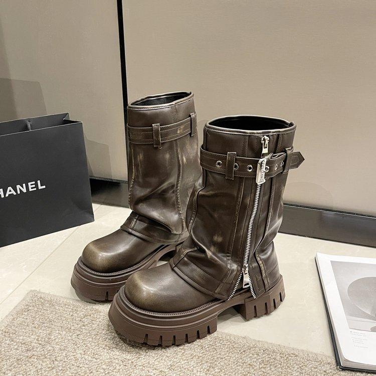 

Квадратные штаны сапоги женские ворсовые сапоги 2025 осень и зима новые толстые каблуки толстая подошва сапоги Martin короткие сапоги фанатка Spice girl 40 коричневый