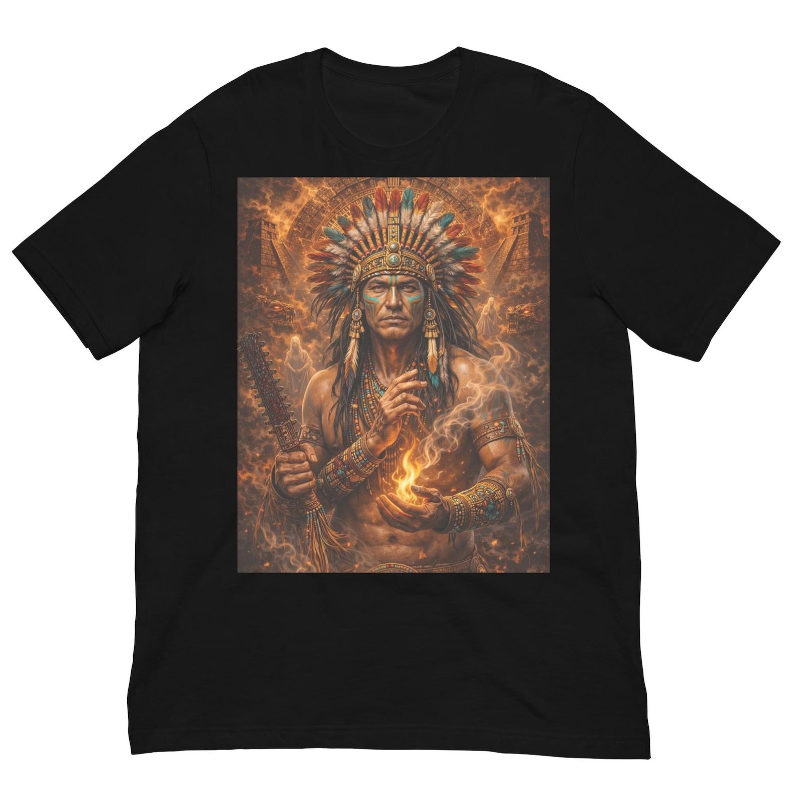 Aztec Fire Shaman Shirt, Ancient Tribal Mystic Tee, Mesoamerican Warrior Priest Design, Indigenous Mythology Graphic T-Shirt L