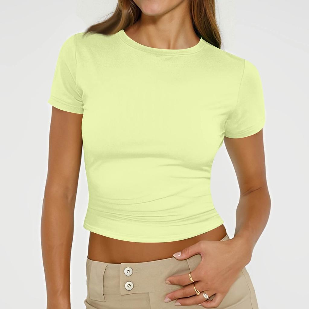 Ladies Summer Fashion Casual Color Round Neck Short Sleeve Slim Ribbed Top