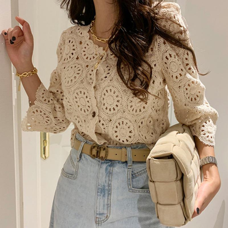 

Сексуальная ажурная трикотажная крючком облегающая кружевная рубашка женская винтажная элегантная темпераментная повседневная блузка женские топы модные женские рубашки с длинным рукавом 25643 One Size абрикосовый