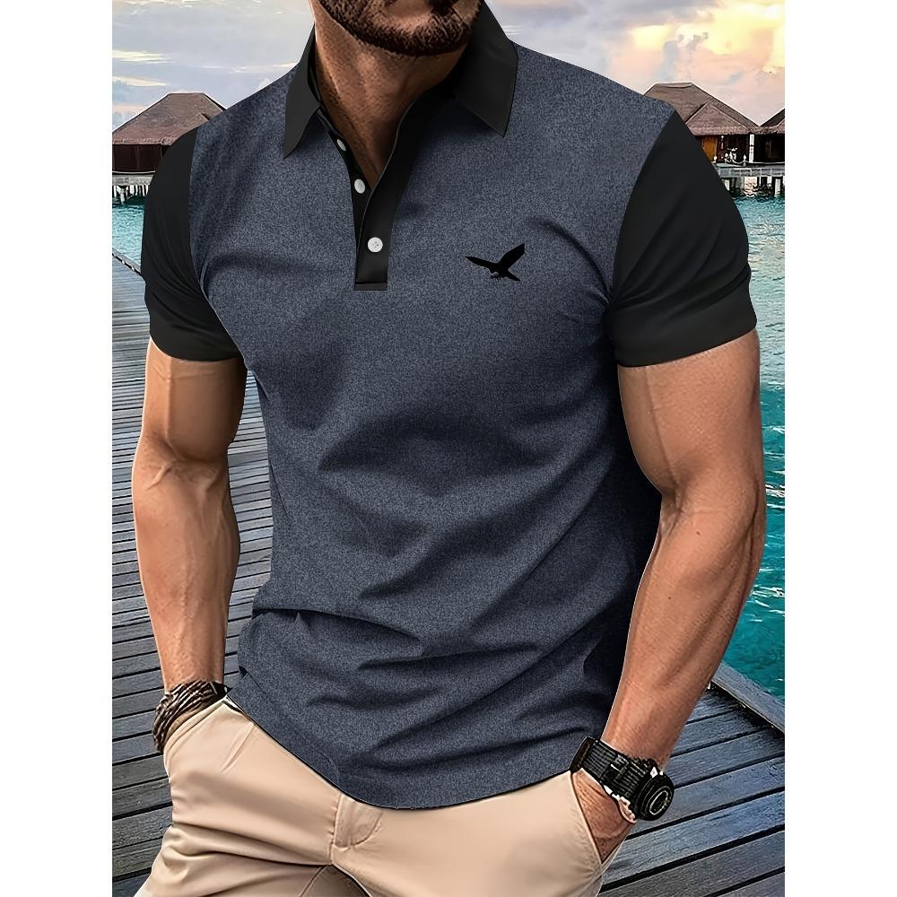 

Men s fashion gray black two-color spliced button polo shirt S