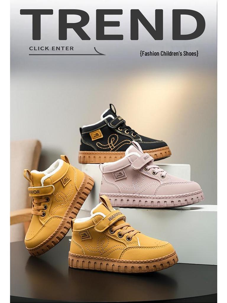 Warrior Kids' Winter Fleece-Lined High-Top Sneakers, 2025 Style - Girls' and Boys' Non-Slip Warm Cotton Shoes