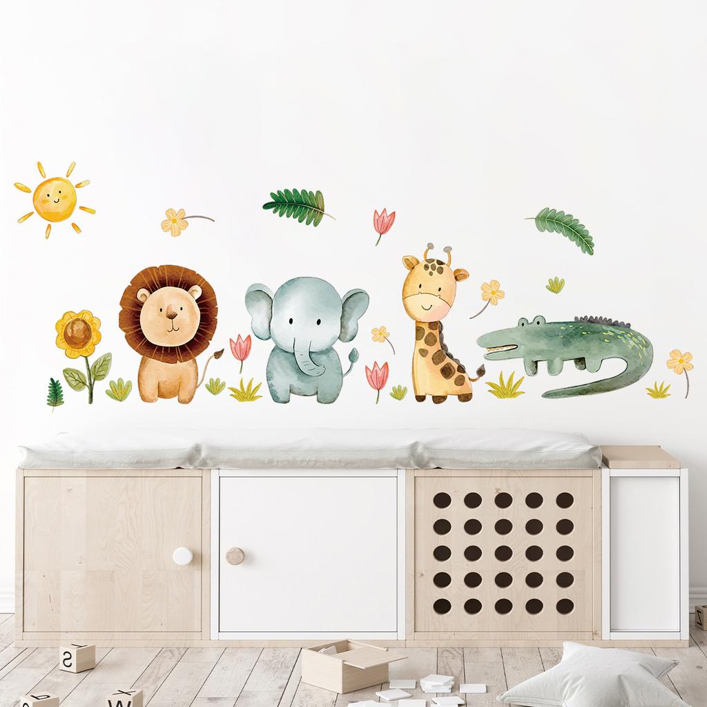 Cartoon Cute Lion Animals Tropical Leaf Watercolor Wall Sticker Self-adhesive Nursery Kids Boys Room Home Decor