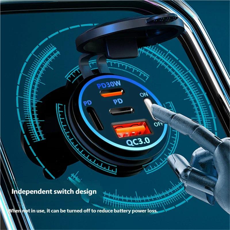 Car Charger Socket PD3.0 & QC3.0 Double USB C Ports Waterproof with LED Touch Switch 78W Fast Charging 12V/24V For Car Bus Truck RV Moto Adapter