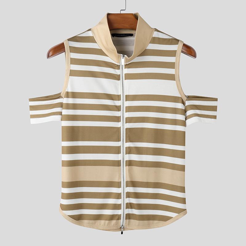 INCERUN Summer Men Cutout Short Sleeve Stitching Zipper Up Striped Casual T-shirts
