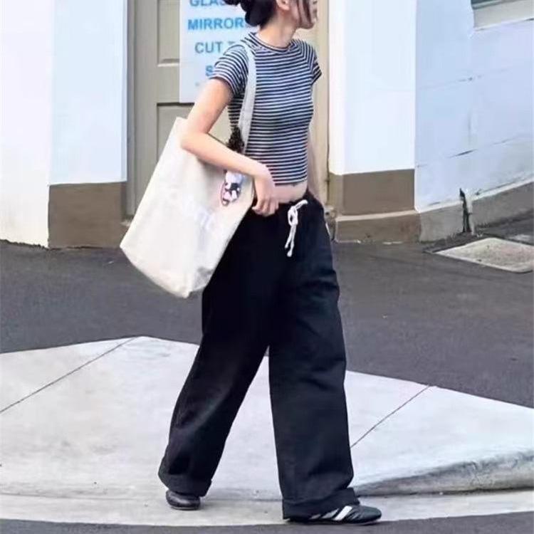 Women's Drawstring Elastic Waist Wide Leg Straight Pants Loose Fit Korean Casual Cotton Sweatpants