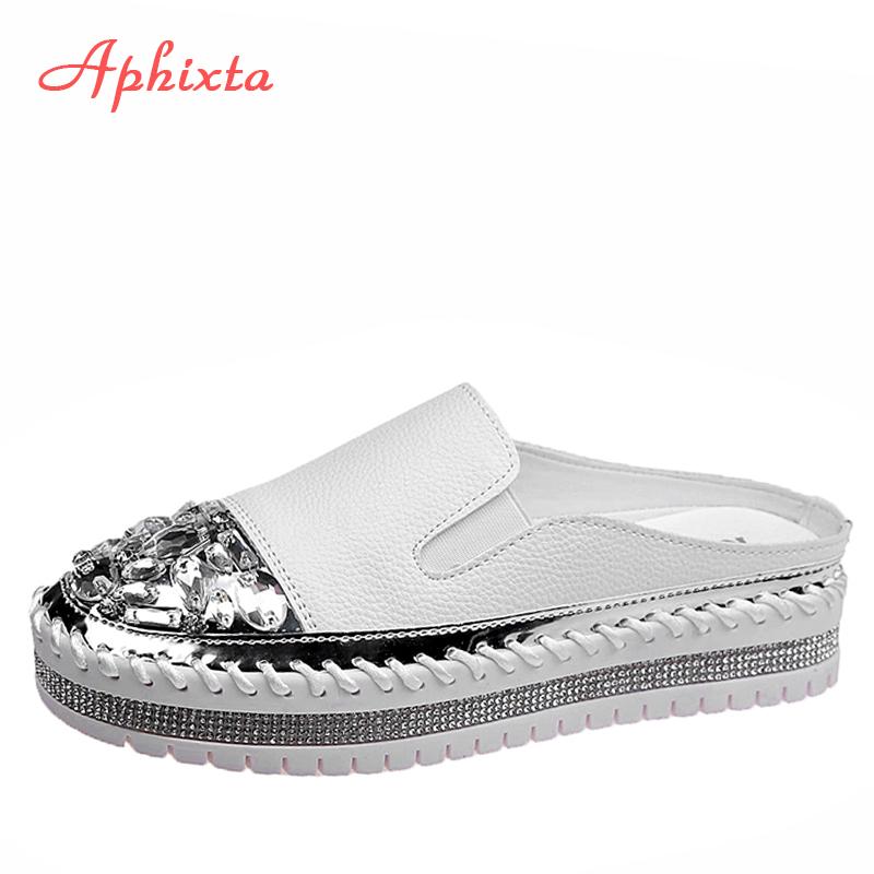 Fashion Aphixta 2024 Luxury Crystals Half Slides Women Bling Rubber Diamond Women Shoes Hand Stitching Platform Slippers For Women