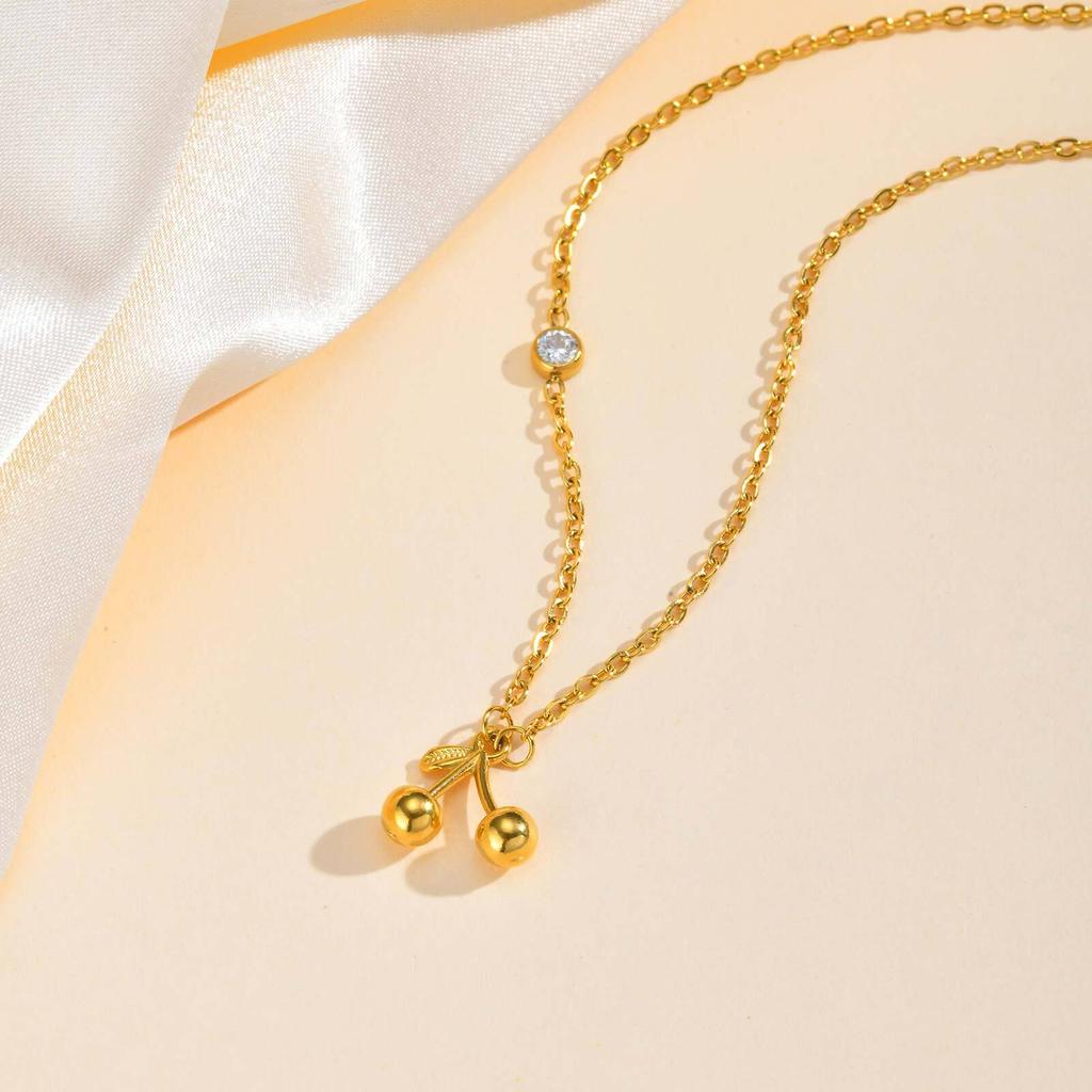 Sideway Zircon Cherry Pendant Necklace, Thin Chain Choker Necklace Stainless Steel, Women's Gold-plated Jewelry