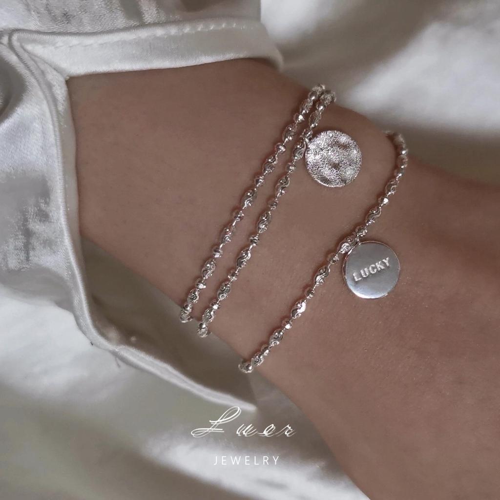 Sterling Silver Lucky Sparkling Sand Round Tag Bracelet, Italian Carved Chain Hand Jewelry for Women