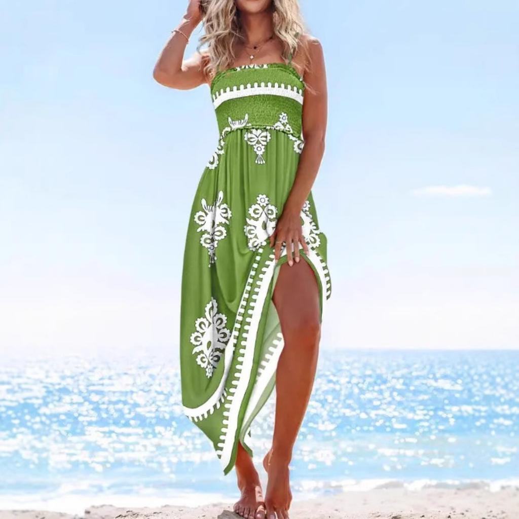 Women's  Summer Fashion Printed Backless Strapless Maxi Suspender Dress for Vacation