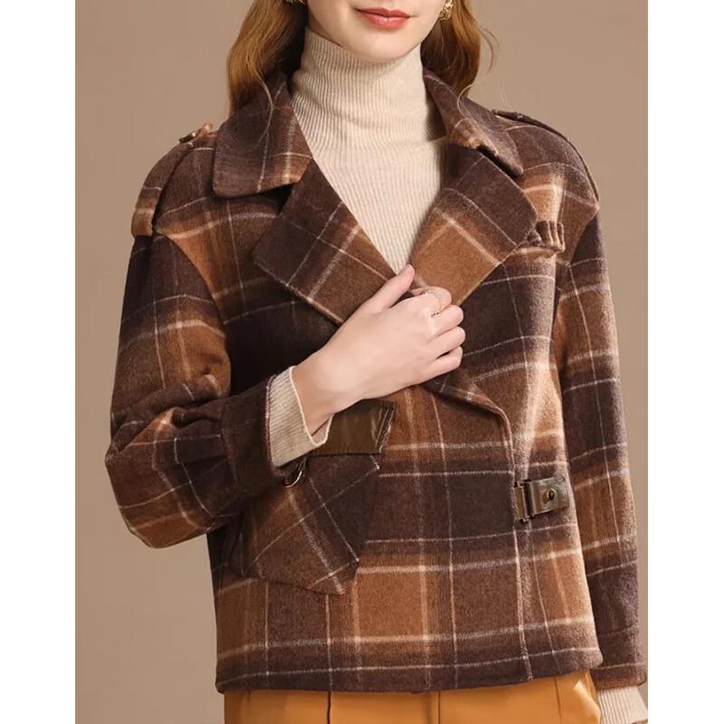 Women's Elegant Plaid Short Wool Blend Coat