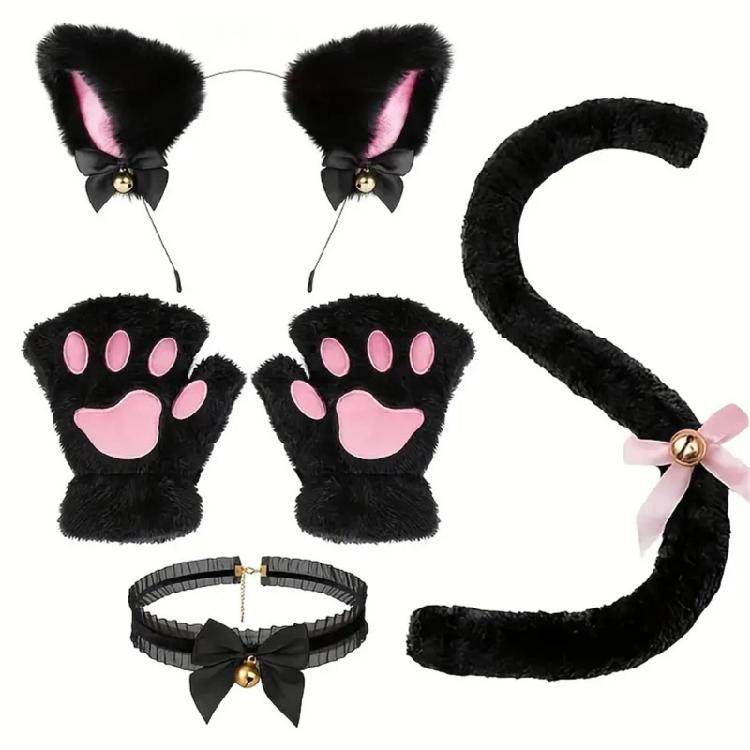 Halloween Katzen Verkleidungszubehör für Mädchen Halloween Cosplay, inklusive Halskette Katzenohr Haarreif, Schwanz, Handschuh schwarz
