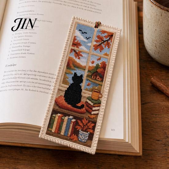 Vintage Style Bookmark DIY Stitch Kit for Adults Beginners, Seasonal Cat Retro Handmade Embroidery Kit, Gifts Lovers, Readers Artistic