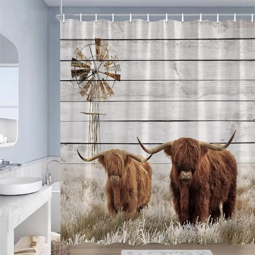 Wood Door Cow Shower Curtain Farm Animal Barn Door Wooden Wheel Pumpkin Sunflower Retro Bath Curtain Bathroom Accessories Set
