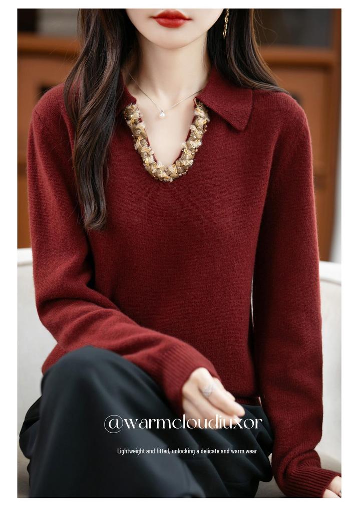 Women's V-Neck Rhinestone Embellished Long Sleeve Polo Collar Sweater