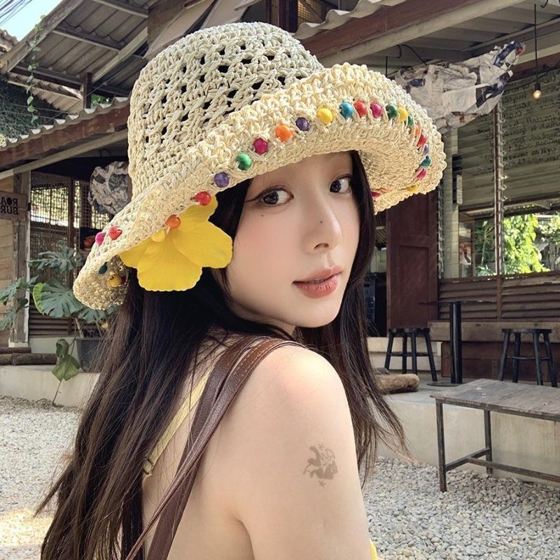 Hyunya Wind Colored Wood Beads Straw Hat Women's Summer Hollow Big Brim Sunshade Sunscreen Hat Foldable Fisherman Hat Tide