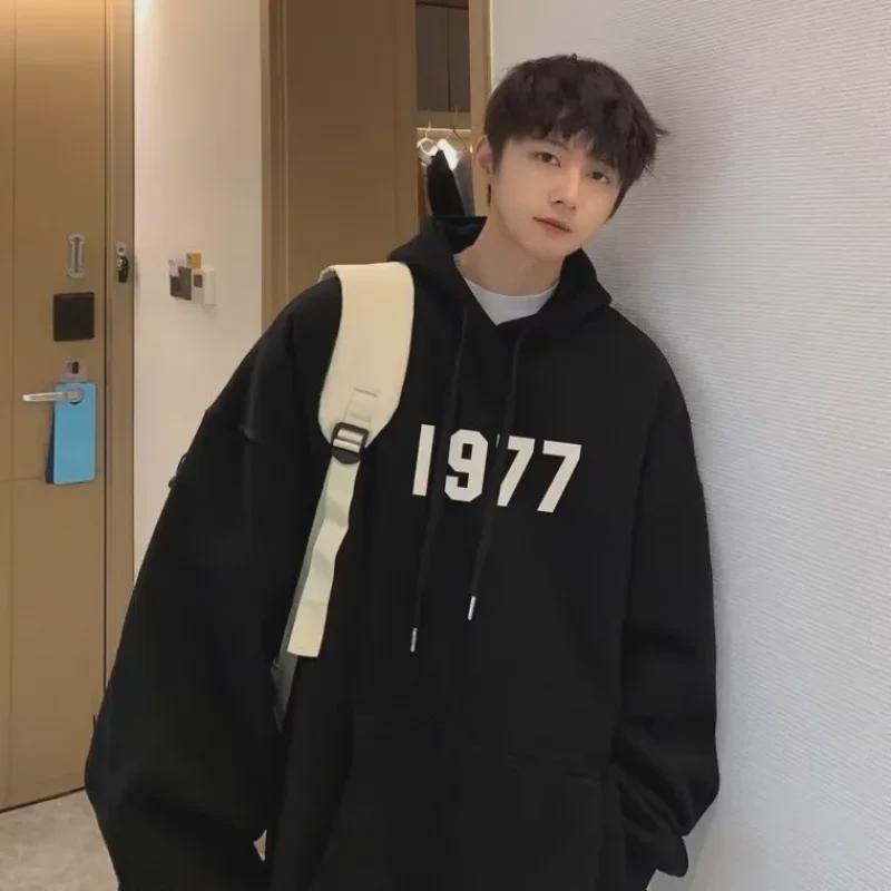 1977 American Fashion Men's Oversized Hooded Sweatshirt - Spring/Autumn, Heavy Velvet, High Street Couple Style.