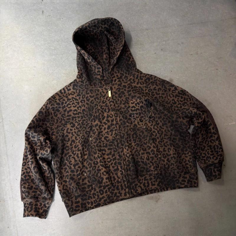 Felpa con cappuccio e zip larga vintage da uomo, stampa leopardata, streetwear casual